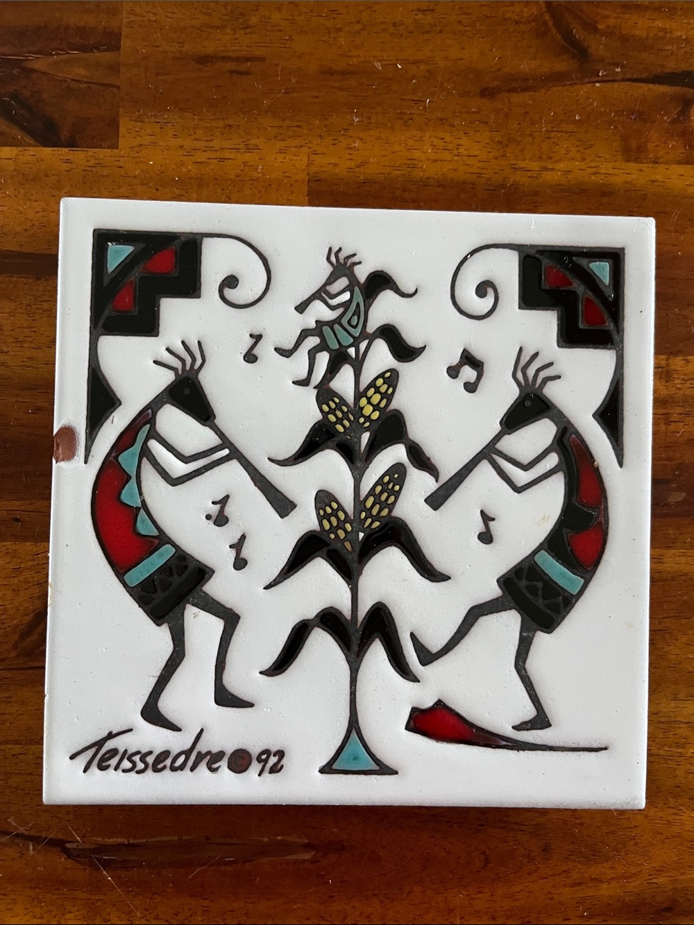 ‘92 Cleo Teissedre KOKOPELLI Playing Flutes In Corn 6” Tile Trivet Southwestern